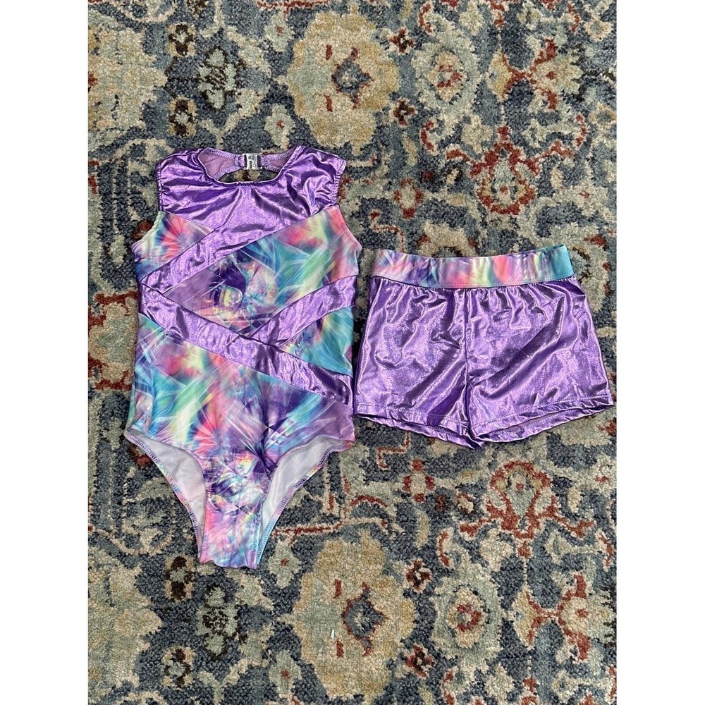 Iefiel Leotard and Shorts Set Girls Size 6 Purple Metallic Galaxy Print EUC